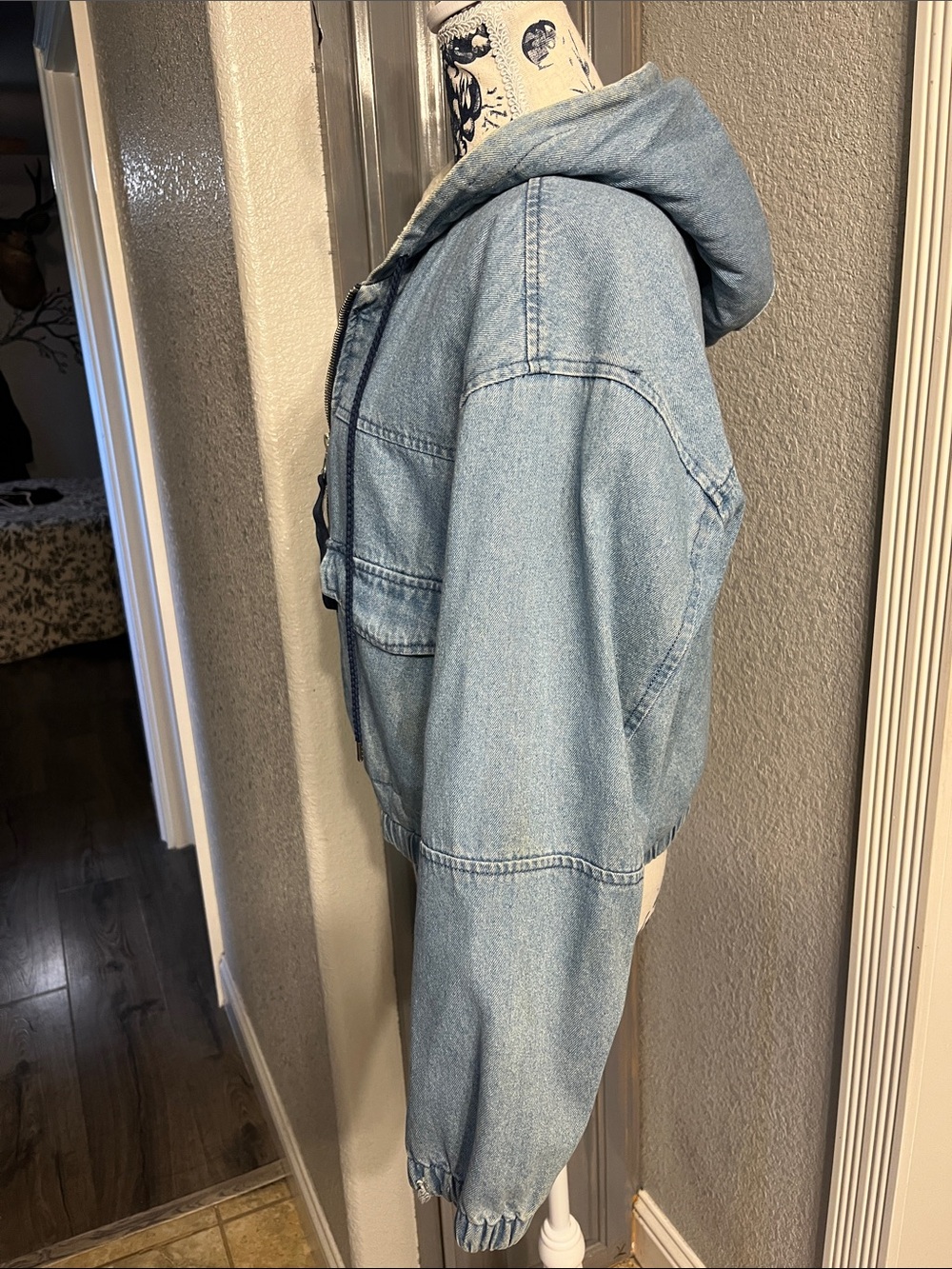 Light Wash Denim Jacket with Cream Sherpa Hood - Picture 2 of 5